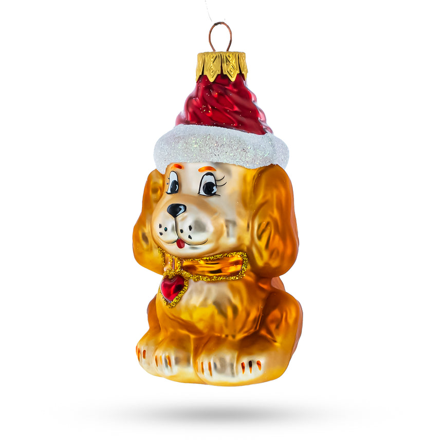 Glass Puppy Wearing Santa Hat Mini Glass Christmas Ornament in Brown color