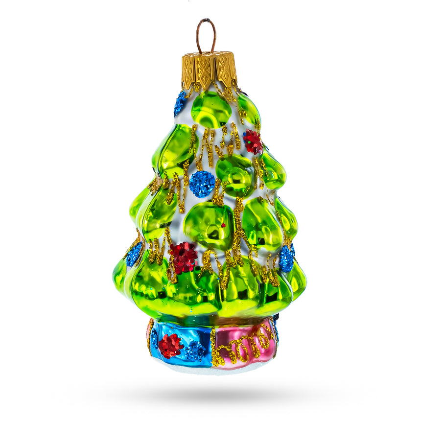 Glass Tree Adorned with Golden Garland Mini Glass Christmas Ornament in Multi color Triangle