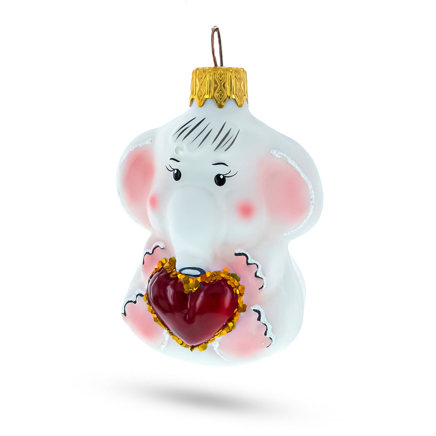 Glass Baby Elephant Holding a Heart Mini Glass Christmas Ornament in Multi color