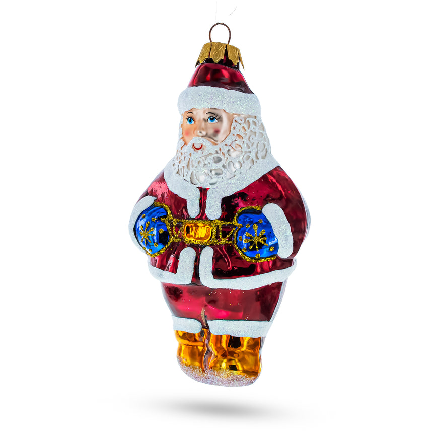 Glass Festive Santa with Blue Mittens Mini Glass Christmas Ornament in Red color