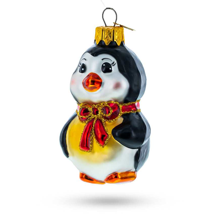 Glass Penguin with Red Bow Mini Glass Christmas Ornament in Multi color