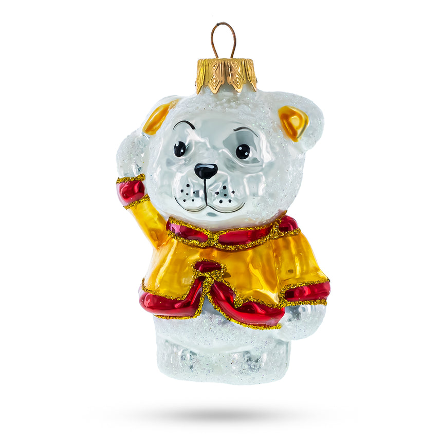 Glass Bear Cub Waving Mini Glass Christmas Ornament in White color