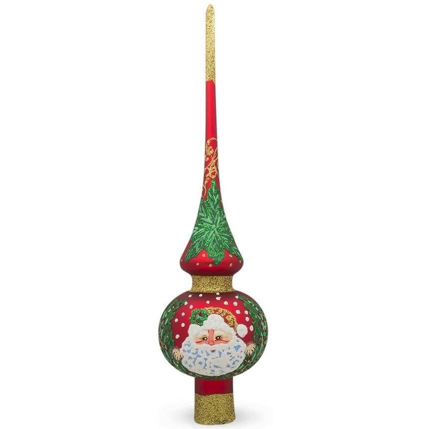 Glass Santa and Mistletoe on Red Mouth Blown Glass Christmas Tree Topper 11 Inches in Red color Triangle