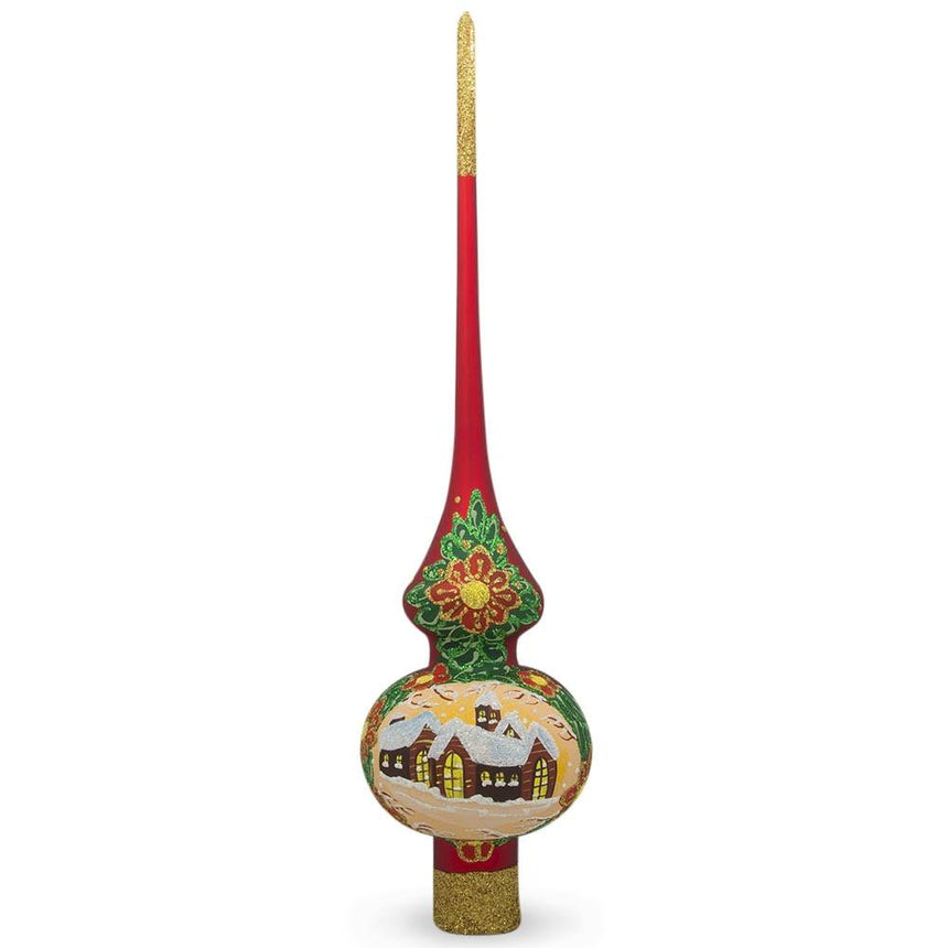 Glass Snow Covered Winter Village on Red Mouth Blown Glass Christmas Tree Topper 11 Inches in Red color Triangle