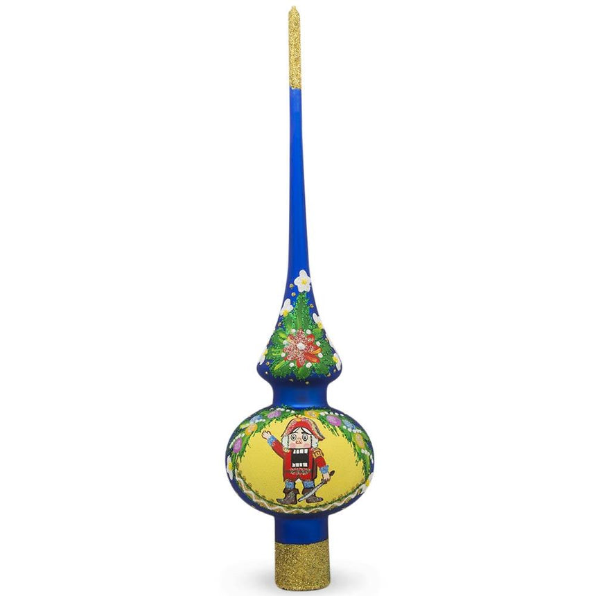 Glass Nutcracker and Wreath on Blue Mouth Blown Glass Christmas Tree Topper 11 Inches in Blue color Triangle