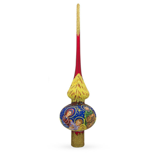 Glass Holy Family on Red Mouth Blown Glass Christmas Tree Topper 11 Inches in Red color Triangle