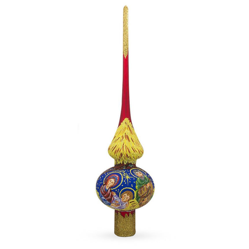 Glass Holy Family on Red Mouth Blown Glass Christmas Tree Topper 11 Inches in Red color Triangle