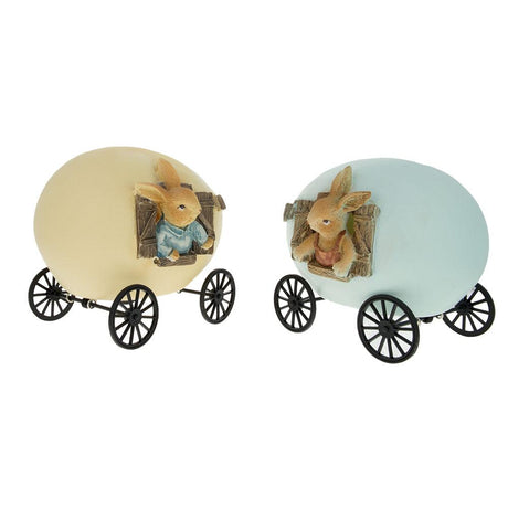 Resin Set of 2 Easter Bunnies House Carriage with Lights in Multi color Oval