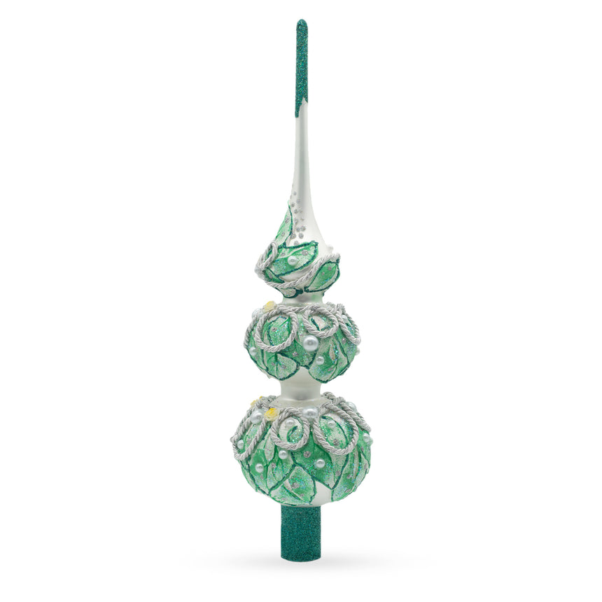 Glass Dimensional Rope and Leaves on White Mouth Blown Glass Christmas Tree Topper 12.5 Inches in Green color Triangle