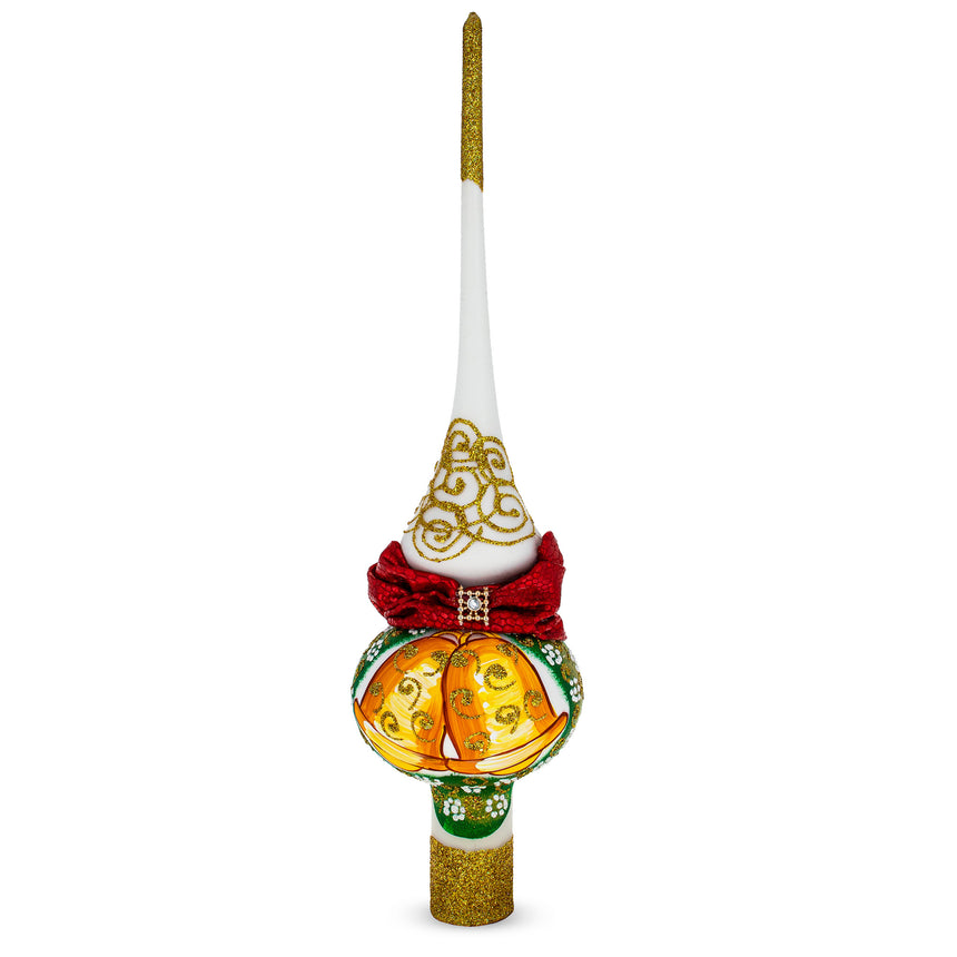 Glass Bow and Bells on White Mouth Blown Glass Christmas Tree Topper 11 Inches in White color Triangle