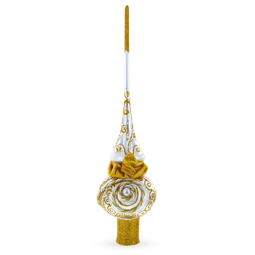 Glass Golden Twisted Rope and Bow on White Mouth Blown Glass Christmas Tree Topper 11 Inches in White color Triangle