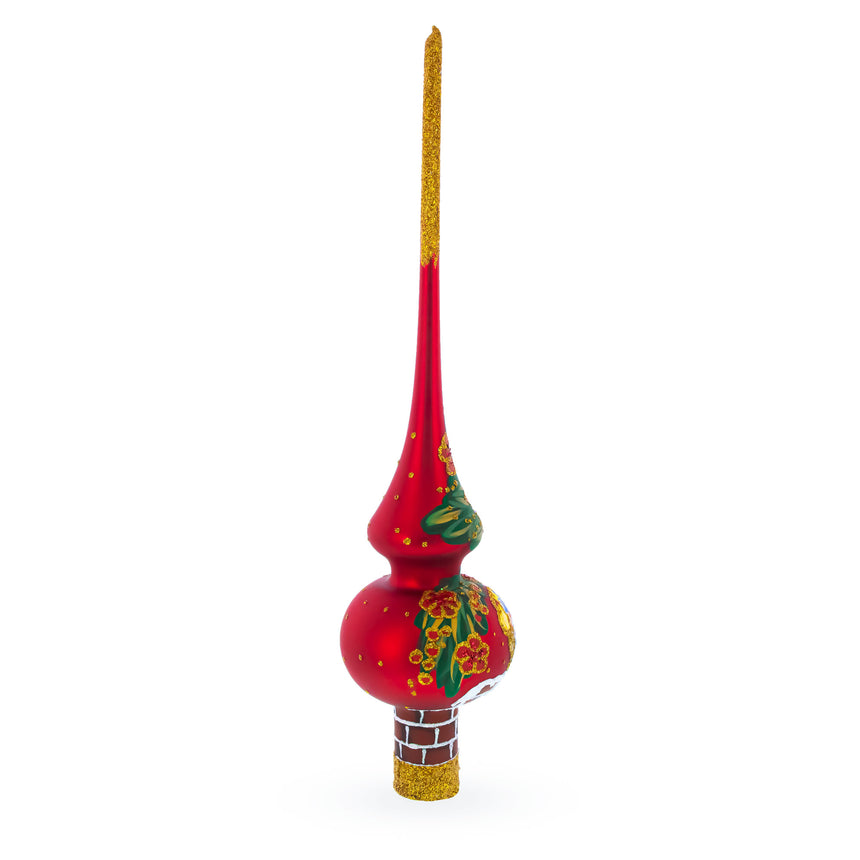 Santa Climbing Down Chimney on Red Mouth Blown Glass Christmas Tree Topper 11 InchesUkraine ,dimensions in inches: 11 x 2.75 x 2.75