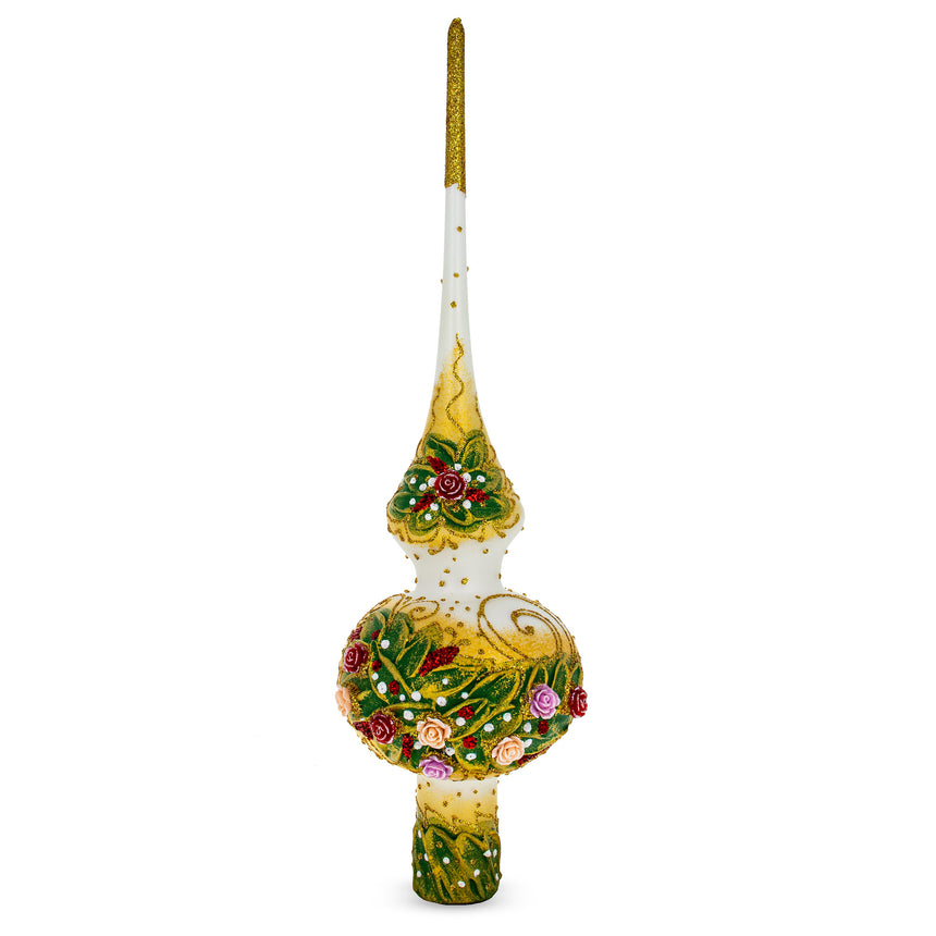 Glass Dimensional Roses Bouquet on White Mouth Blown Glass Christmas Tree Topper 11 Inches in White color Triangle