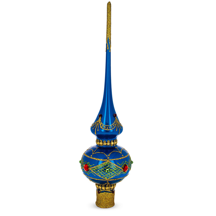 Glass Blue and Gold with Ornate Glitter Geometrical Blown Glass Christmas Tree Topper 11 Inches in Blue color Triangle