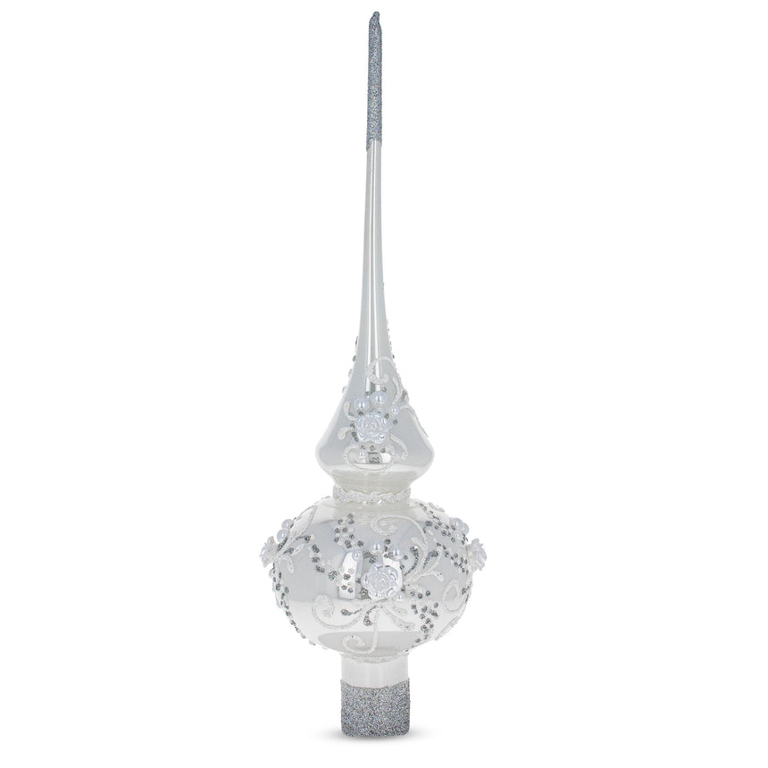 Glass Dimensional White Roses and Pearls on Glossy White Blown Glass Christmas Tree Topper 11 Inches in White color Triangle