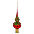 Glass Red Pearls and Poinsettia Flowers on Glossy Red Blown Glass Christmas Tree Topper 11 Inches in Red color Triangle