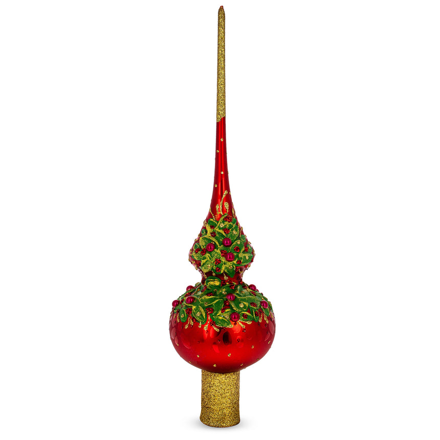 Glass Red Pearls and Poinsettia Flowers on Glossy Red Blown Glass Christmas Tree Topper 11 Inches in Red color Triangle