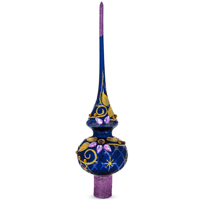 Glass Purple Jewels and Golden Leaves on Blue Mouth Blown Glass Christmas Tree Topper 11 Inches in Blue color Triangle