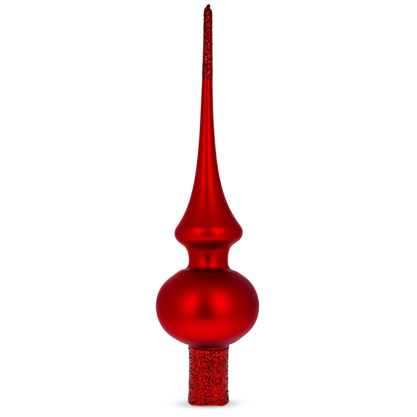 Glass Matte Red with Sparkling Top Mouth Blown Glass Christmas Tree Topper 11 Inches in Red color Triangle