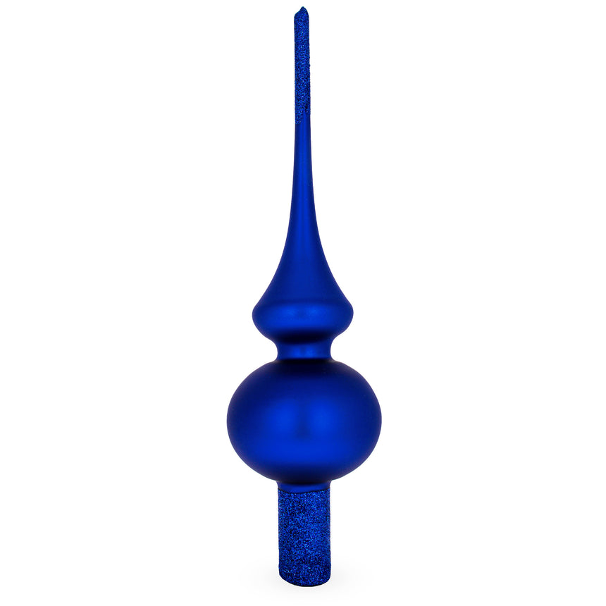 Glass Matte Blue with Sparkling Top Mouth Blown Glass Christmas Tree Topper 11 Inches in Blue color Triangle