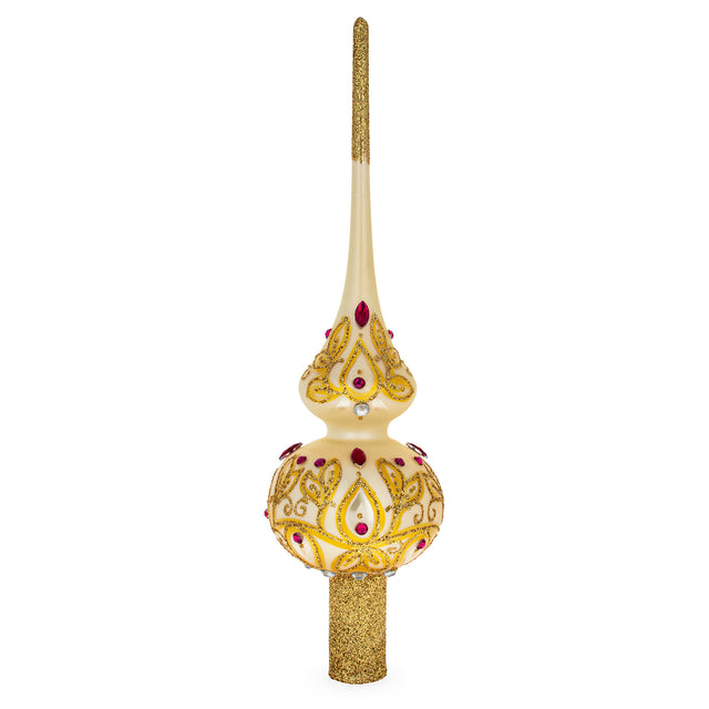 Glass Red Jeweled with Golden Leaves Mouth Blown Glass Christmas Tree Topper 11 Inches in Gold color Triangle