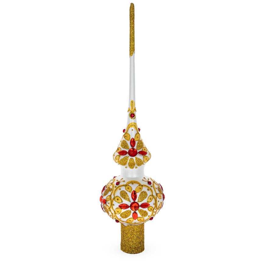 Glass Red Jeweled Stars on Gold Pattern on White Mouth Blown Glass Christmas Tree Topper 11 Inches in White color Triangle