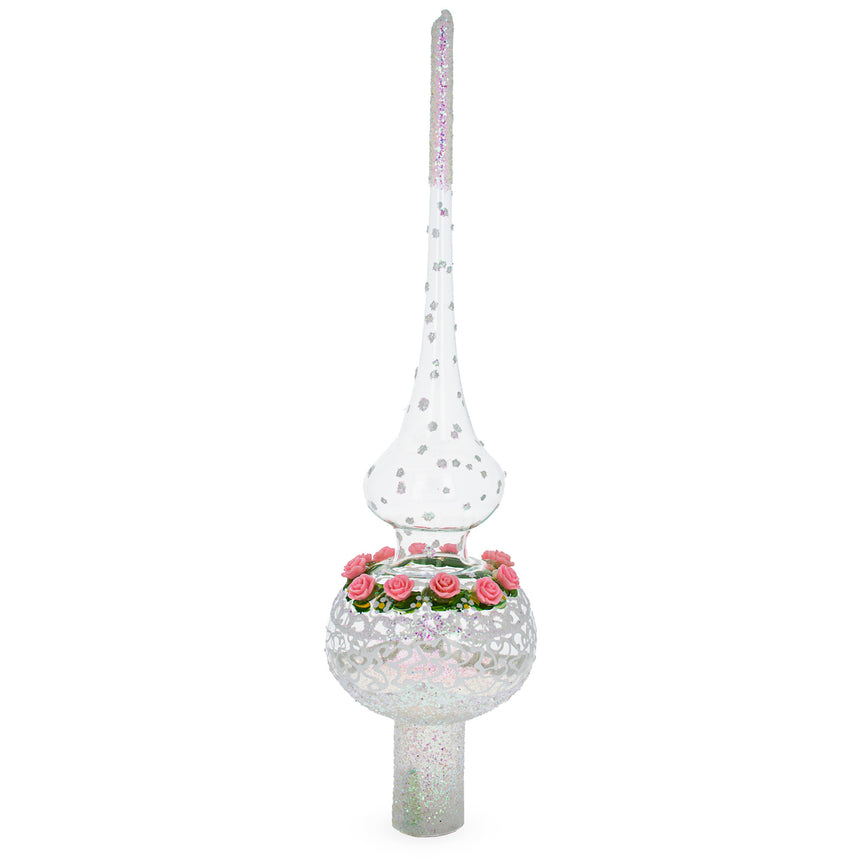 Glass Dimensional Pink Roses on Silver Swirls and Clear Blown Glass Christmas Tree Topper 11 Inches in Clear color Triangle