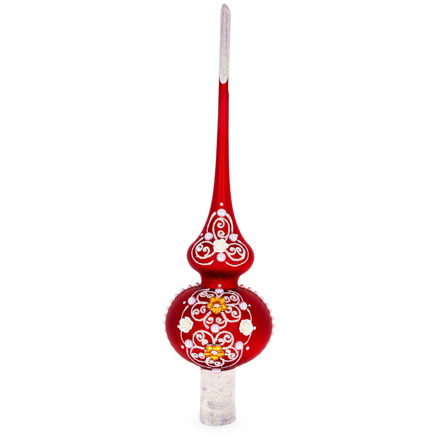 Glass Dimensional Golden Flowers and Silver Swirls on Red Blown Glass Christmas Tree Topper 11 Inches in Red color Triangle