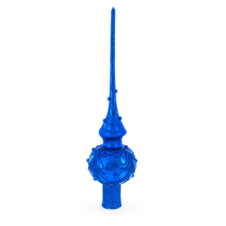 Glass Dimensional Blue Jewels Scroll on Blue Mouth Blown Glass Christmas Tree Topper 11 Inches in Blue color Triangle