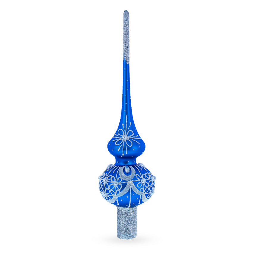 Glass Dimensional White Pearls on Blue Mouth Blown Glass Christmas Tree Topper 11 Inches in Blue color Triangle