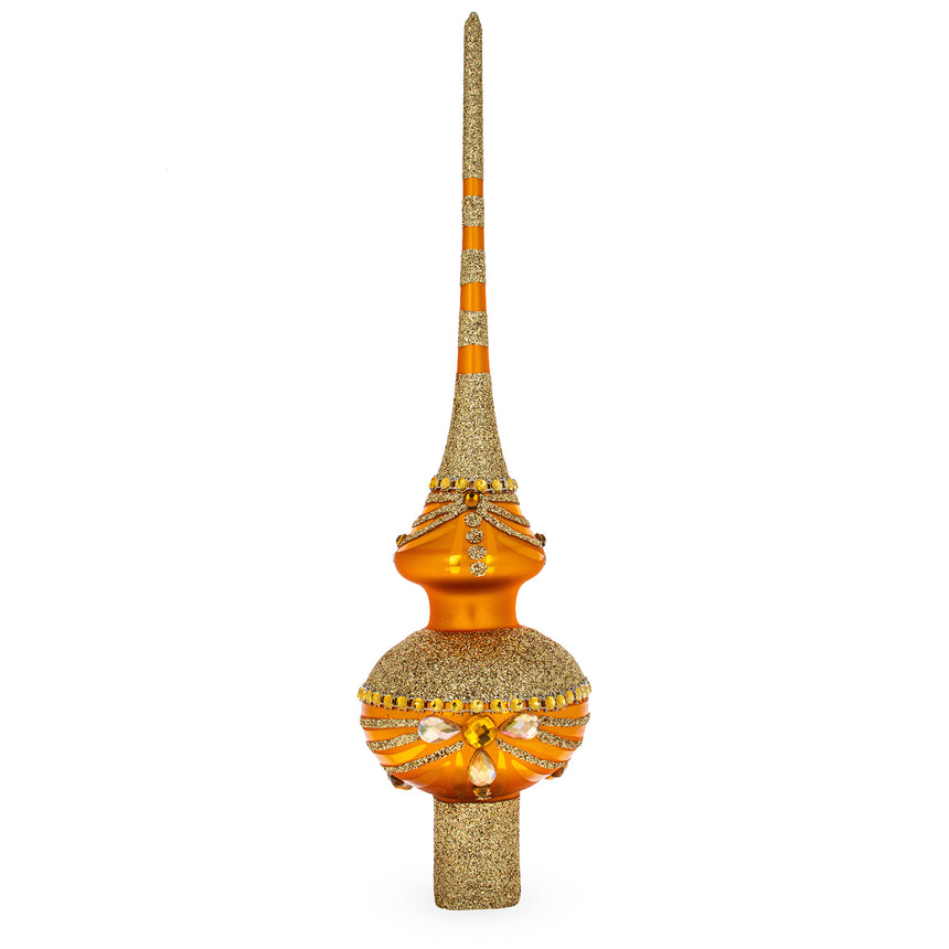 Glass Dimensional White and Golden Jewels on Sparkling Orange Glass Christmas Tree Topper 11 Inches in Gold color Triangle