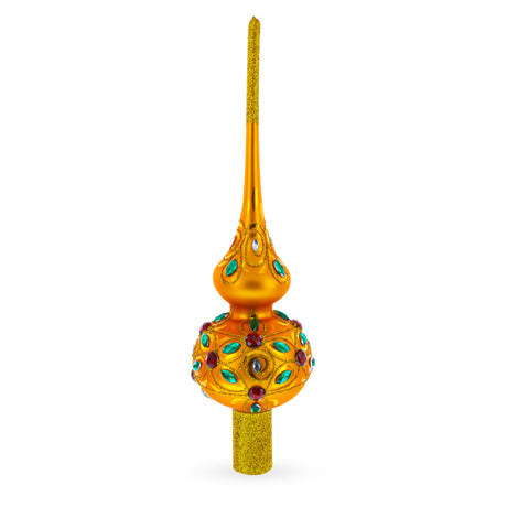 Glass Dimensional Multicolored Jewels on Gold Mouth Blown Glass Christmas Tree Topper 11 Inches in Gold color Triangle