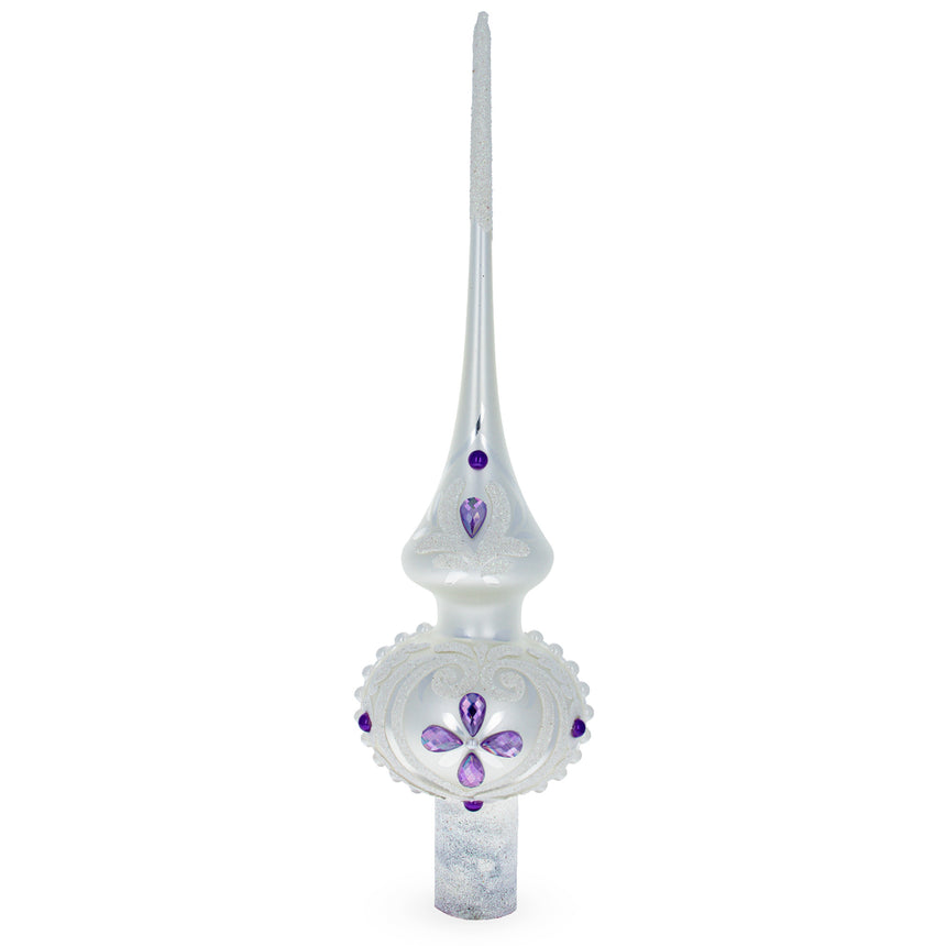 Glass Dimensional Purple Jewel Stars and Pearls on White Mouth Blown Glass Christmas Tree Topper 11 Inches in White color Triangle