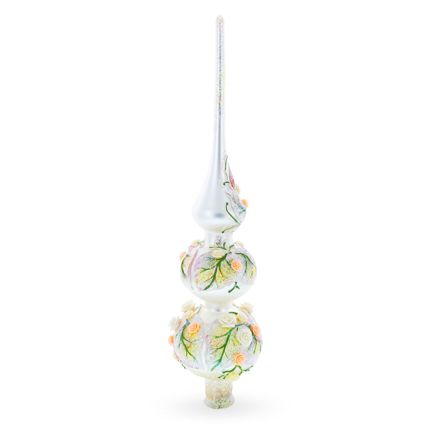 Dimensional Pink and White Roses Bouquet on Double Ball Blown Glass Christmas Tree Topper 12.5 InchesUkraine ,dimensions in inches: 12.5 x 2.75 x 2.75