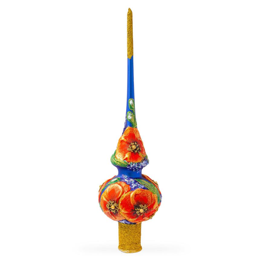 Glass Poppy Flowers on Blue Mouth Blown Glass Christmas Tree Topper 11 Inches in Blue color Triangle