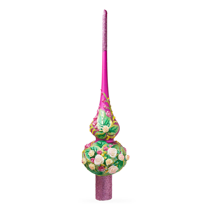 Glass Dimensional Pink Roses on Purple Mouth Blown Glass Christmas Tree Topper 11 Inches in Purple color Triangle