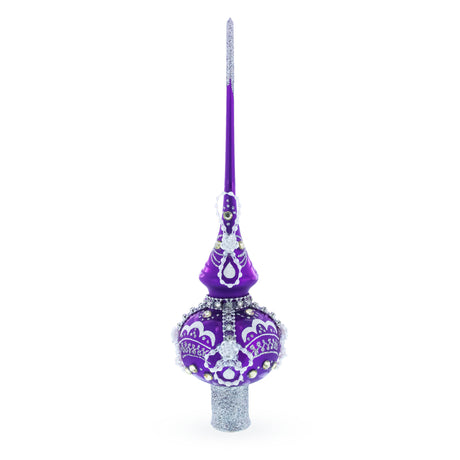 Glass Dimensional White Roses on Purple Blown Glass Christmas Tree Topper 11 Inches in Purple color Triangle