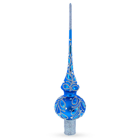 Glass Blue Paisley Artisan Hand Crafted Mouth Blown Glass Christmas Tree Topper 11 Inches in Blue color Triangle