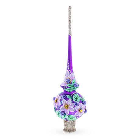 Glass Dimensional Roses on Purple Artisan Hand Crafted Mouth Blown Glass Christmas Tree Topper 11 Inches in Purple color Triangle
