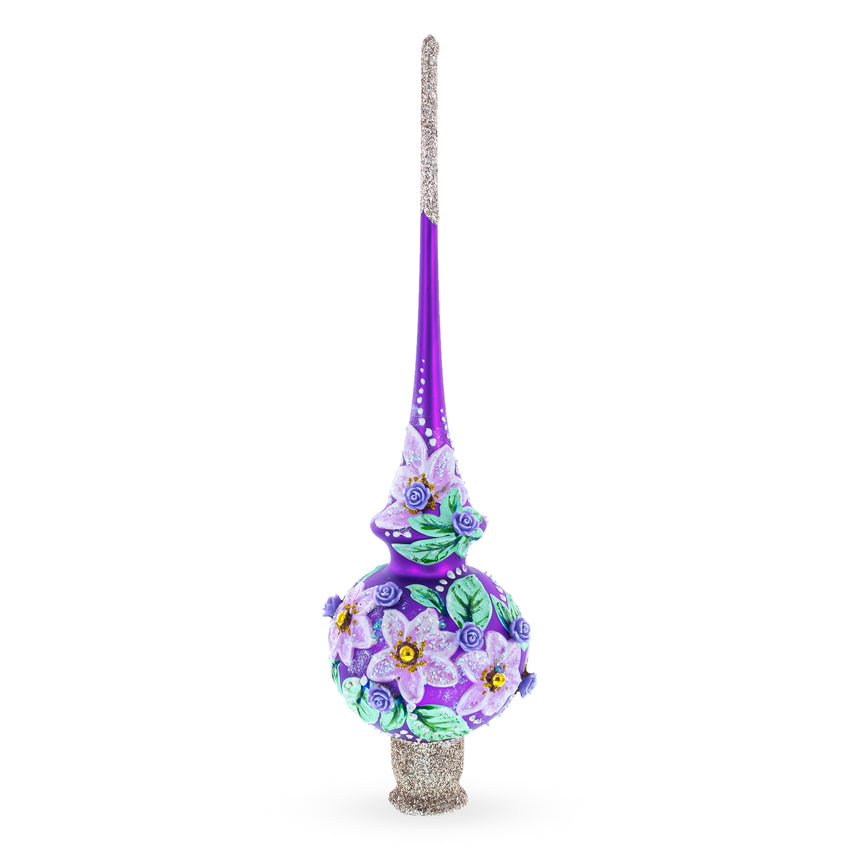 Glass Dimensional Roses on Purple Mouth Blown Glass Christmas Tree Topper 11 Inches in Purple color Triangle