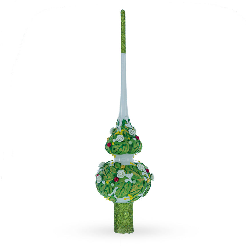 Glass Dimensional White Roses on Green Leaves Mouth Blown Glass Christmas Tree Topper 11 Inches in Green color Triangle