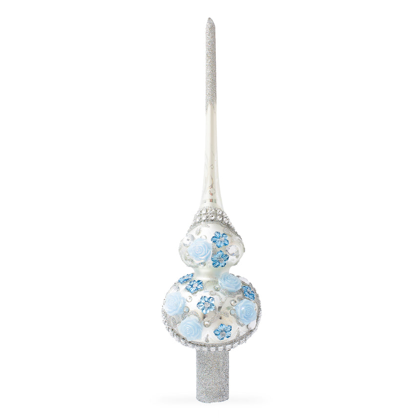 Glass Dimensional Blue Roses and Flowers on Silver Blown Glass Christmas Tree Topper 11 Inches in White color Triangle