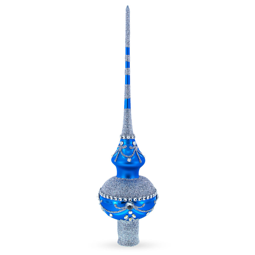 Glass Dimensional White Jewels and Silver on Blue Blown Glass Christmas Tree Topper 11 Inches in Blue color Triangle