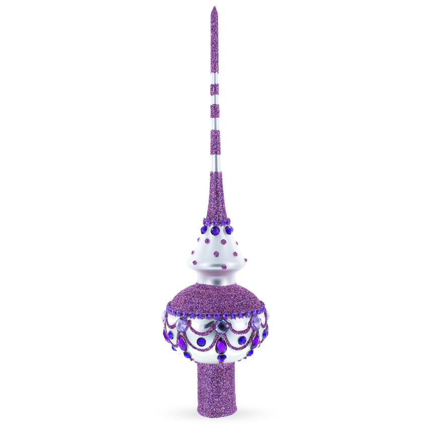 Glass Dimensional Jeweled Purple Chandelier on White Blown Glass Christmas Tree Topper 11 Inches in Purple color Triangle