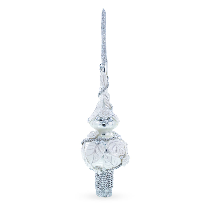 Glass Dimensional White Roses with Leaves on White Blown Glass Christmas Tree Topper 11 Inches in White color Triangle