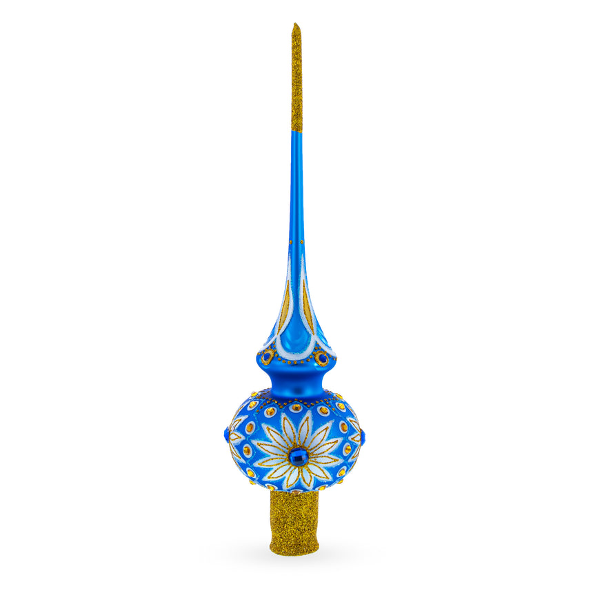 Glass White Daisies on Blue Mouth Blown Glass Christmas Tree Topper 11 Inches in Blue color Triangle