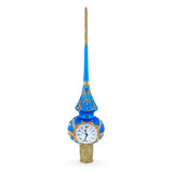 Glass White Dial Clock on Blue and Gold Blown Glass Christmas Tree Topper 11 Inches in Blue color Triangle