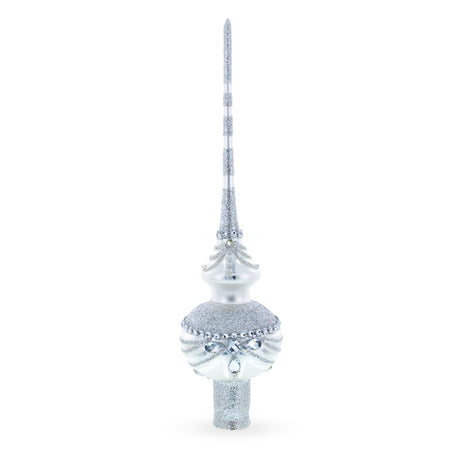 Glass Dimensional White Jewels on White Artisan Hand Crafted Mouth Blown Glass Christmas Tree Topper 11 Inches in Silver color Triangle