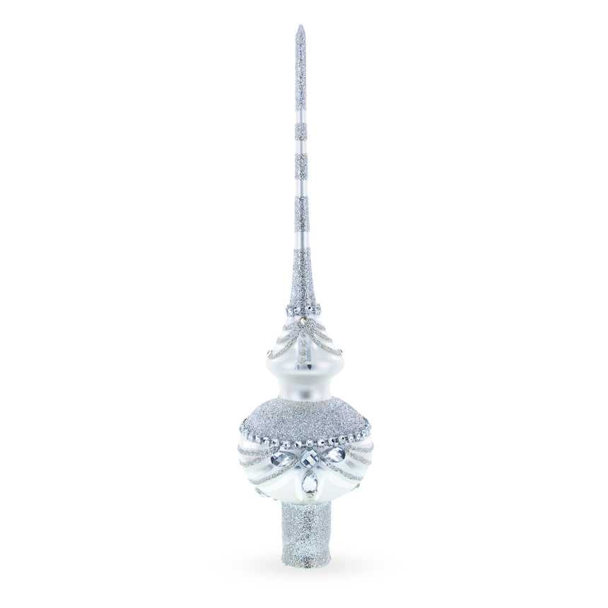 Glass Dimensional White Jewels on White Blown Glass Christmas Tree Topper 11 Inches in Silver color Triangle