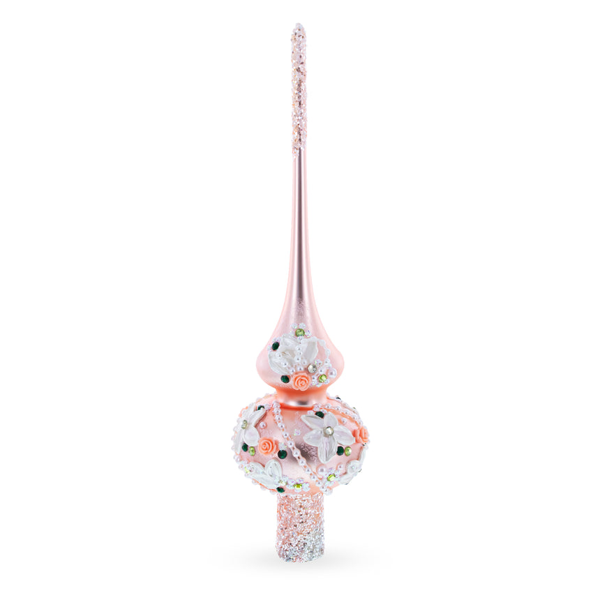 Glass Dimensional Pink Flowers on Rose Gold Mouth Blown Glass Christmas Tree Topper 11 Inches in Multi color Triangle